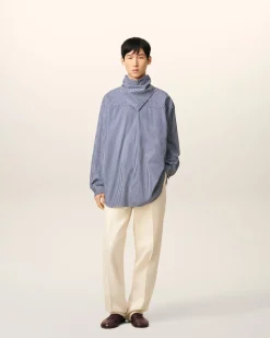 Blouse Bleue Rayée Col Bandana Manches Longues En Coton