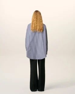 Blouse Bleue Rayée Col Bandana Manches Longues En Coton