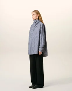 Blouse Bleue Rayée Col Bandana Manches Longues En Coton