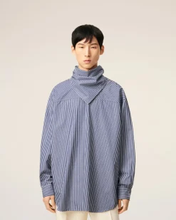 Blouse Bleue Rayée Col Bandana Manches Longues En Coton