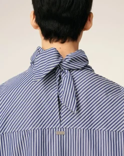 Blouse Bleue Rayée Col Bandana Manches Longues En Coton