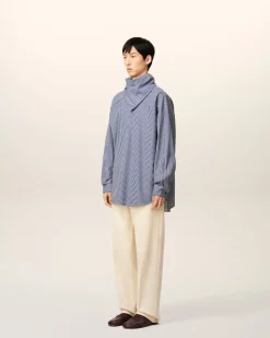 Blouse Bleue Rayée Col Bandana Manches Longues En Coton