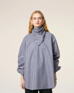 Blouse Bleue Rayée Col Bandana Manches Longues En Coton