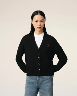Cardigan Noire Ami de Coeur Rouge En Laine