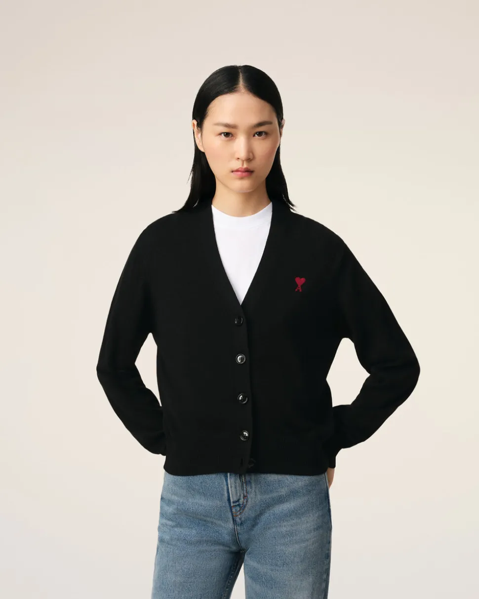 Cardigan Noire Ami de Coeur Rouge En Laine