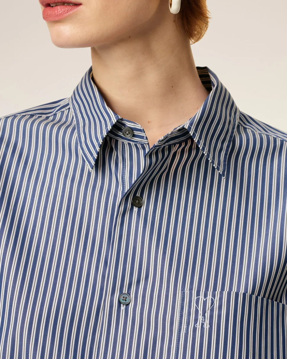 Chemise Bleue Boxy Embossée Rayée Ami de Coeur En Coton