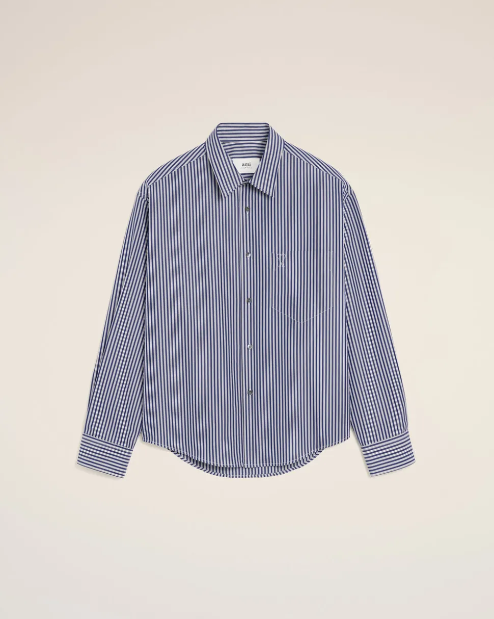 Chemise Bleue Boxy Embossée Rayée Ami de Coeur En Coton