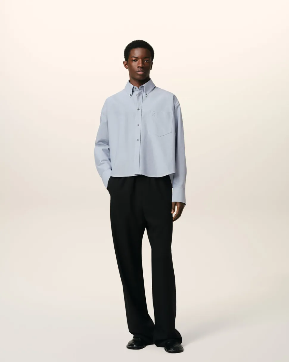Chemise Bleue Cropped Oversize Col Boutonné En Coton