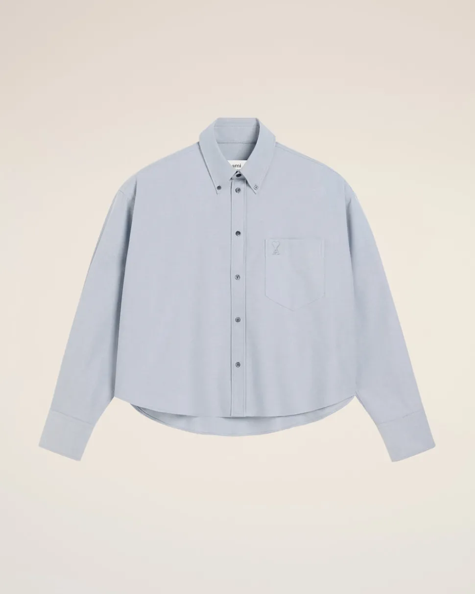 Chemise Bleue Cropped Oversize Col Boutonné En Coton