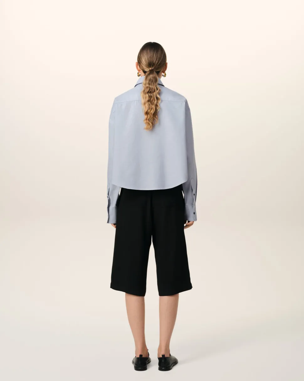 Chemise Bleue Cropped Oversize Col Boutonné En Coton