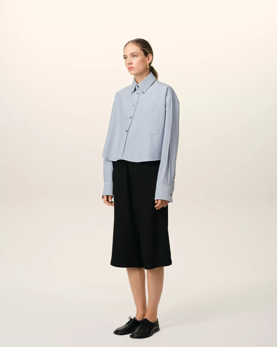Chemise Bleue Cropped Oversize Col Boutonné En Coton