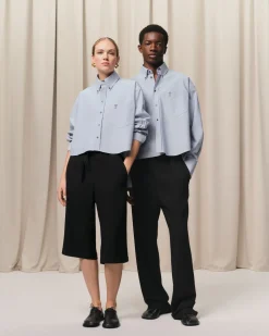 Chemise Bleue Cropped Oversize Col Boutonné En Coton