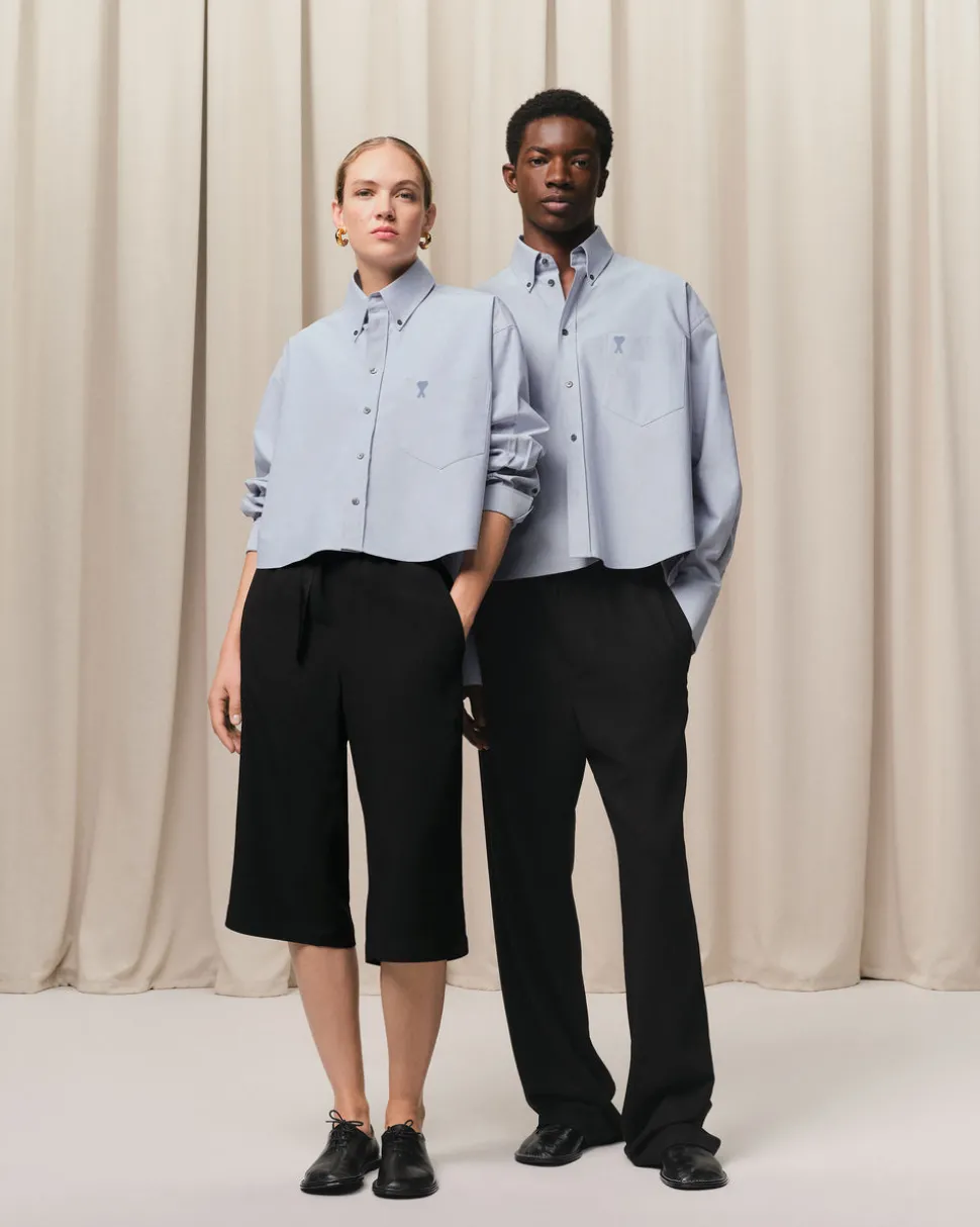 Chemise Bleue Cropped Oversize Col Boutonné En Coton