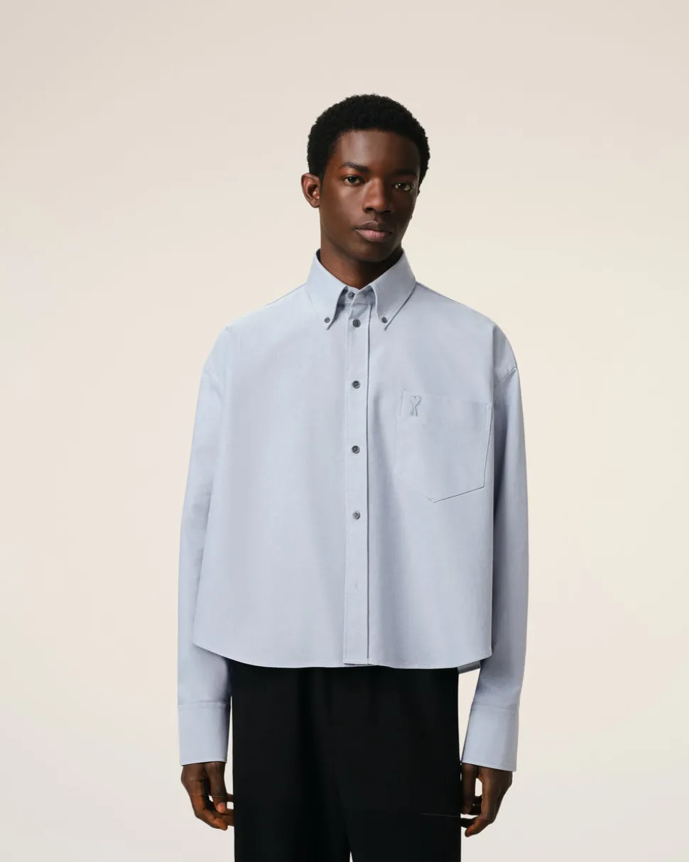 Chemise Bleue Cropped Oversize Col Boutonné En Coton