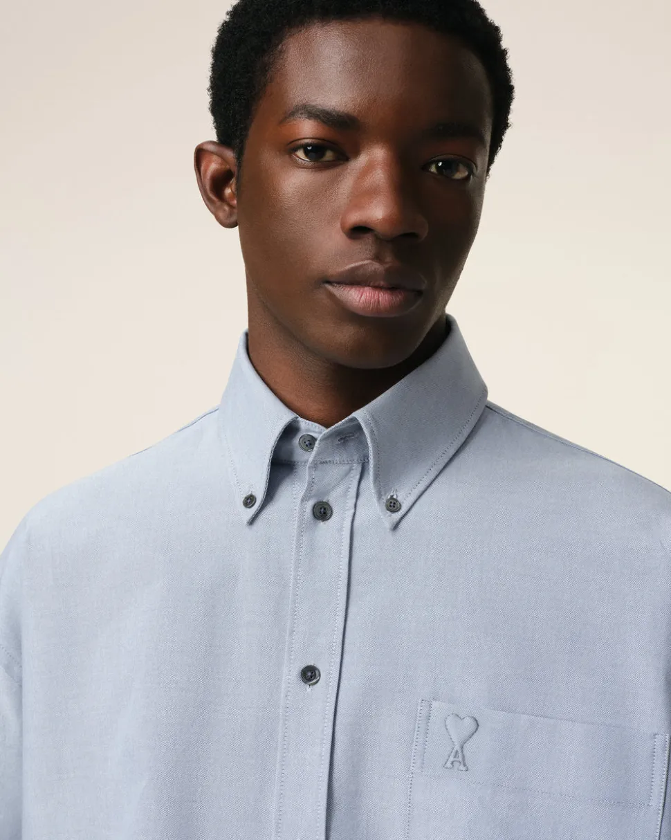 Chemise Bleue Cropped Oversize Col Boutonné En Coton