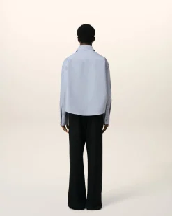 Chemise Bleue Cropped Oversize Col Boutonné En Coton