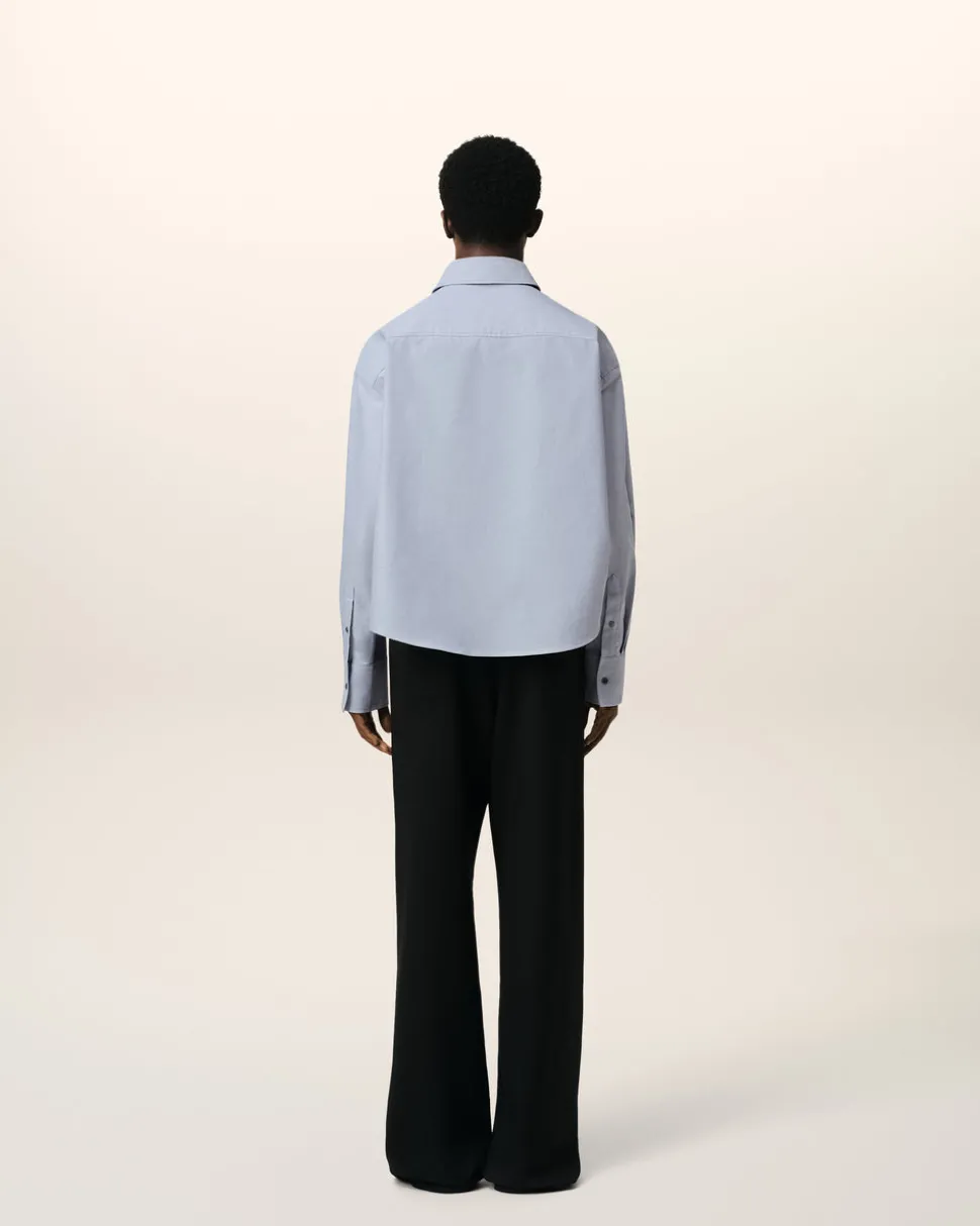 Chemise Bleue Cropped Oversize Col Boutonné En Coton