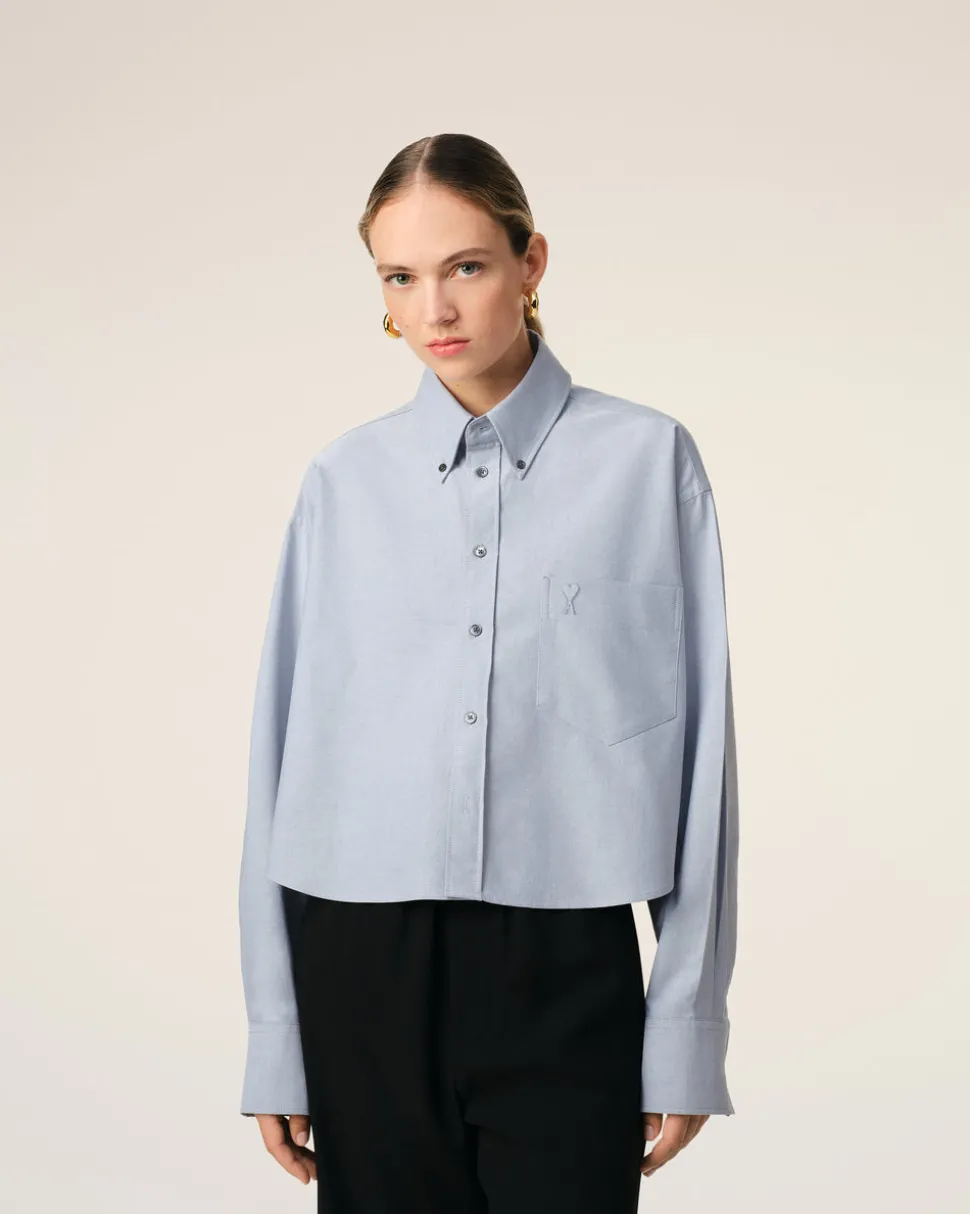 Chemise Bleue Cropped Oversize Col Boutonné En Coton