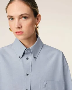 Chemise Bleue Cropped Oversize Col Boutonné En Coton