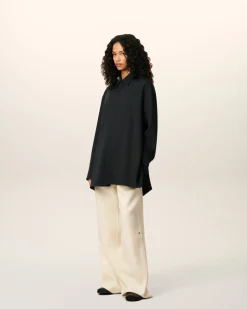 Chemise Noire Longue Oversize Avec Fentes En Laine