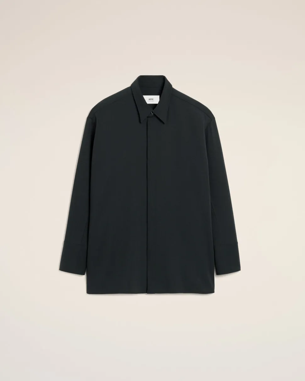 Chemise Noire Longue Oversize En Laine