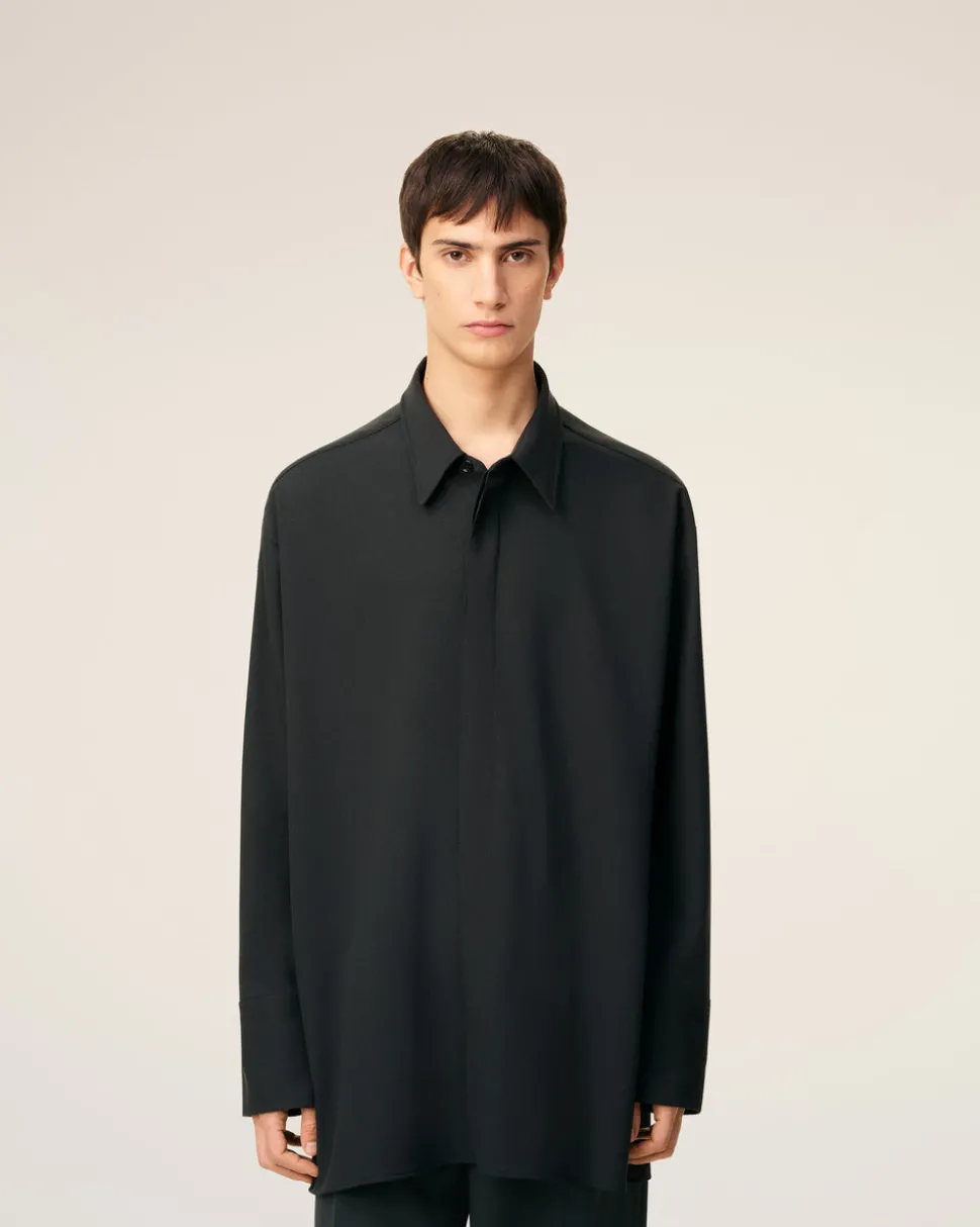 Chemise Noire Longue Oversize En Laine