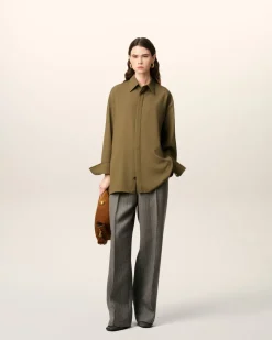 Chemise Verte Longue Oversize Avec Fentes En Laine