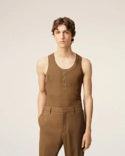 Debardeur Marron Avec Patte Boutonnee En Jersey