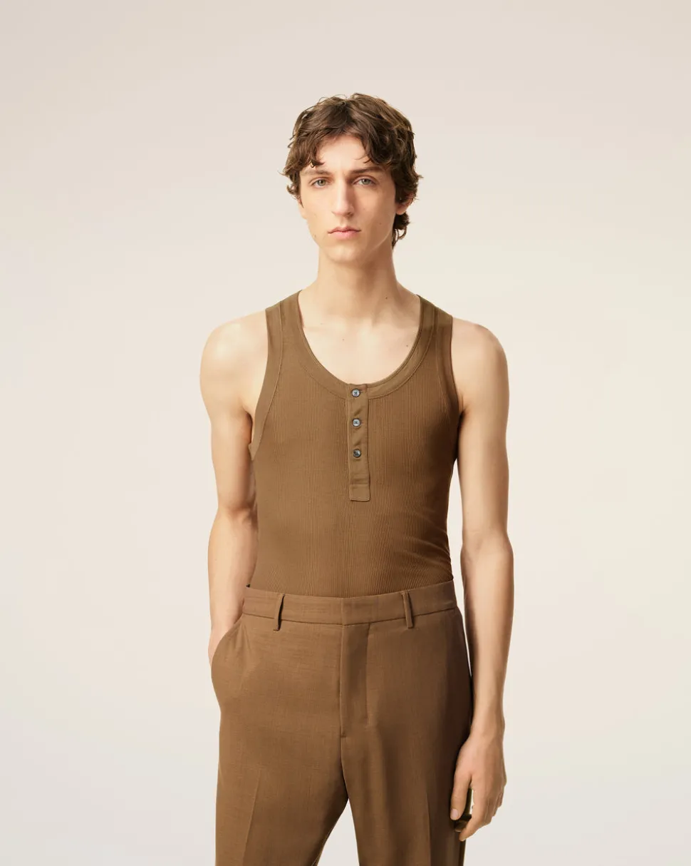 Debardeur Marron Avec Patte Boutonnee En Jersey