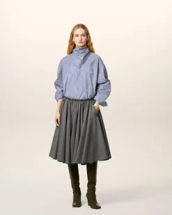 Jupe Corolle Grise Midi en Laine