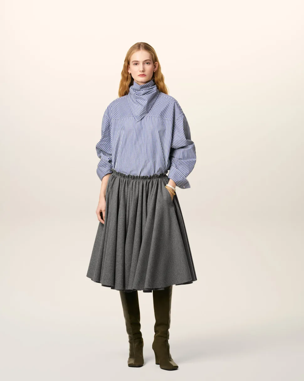 Jupe Corolle Grise Midi en Laine