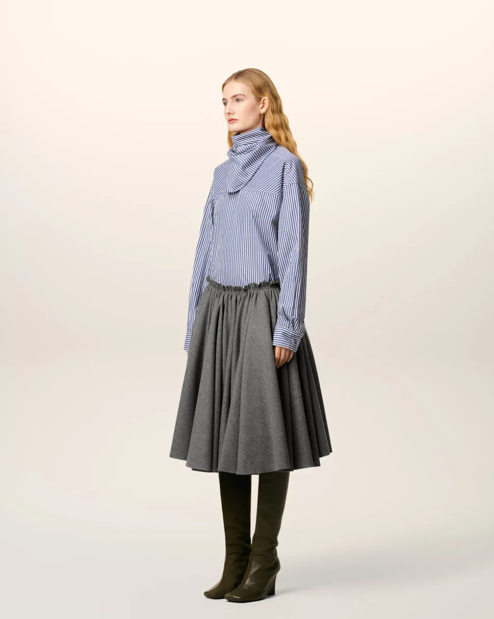 Jupe Corolle Grise Midi en Laine