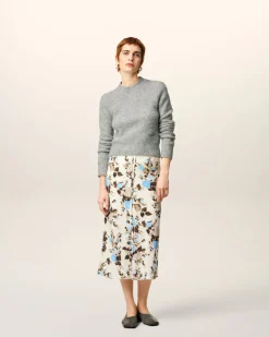 Jupe Midi Bleue Imprimé Fleuris Details Bords Francs