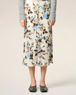 Jupe Midi Bleue Imprimé Fleuris Details Bords Francs