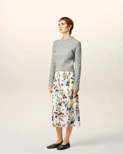 Jupe Midi Bleue Imprimé Fleuris Details Bords Francs