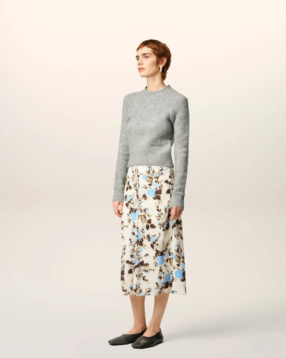 Jupe Midi Bleue Imprimé Fleuris Details Bords Francs