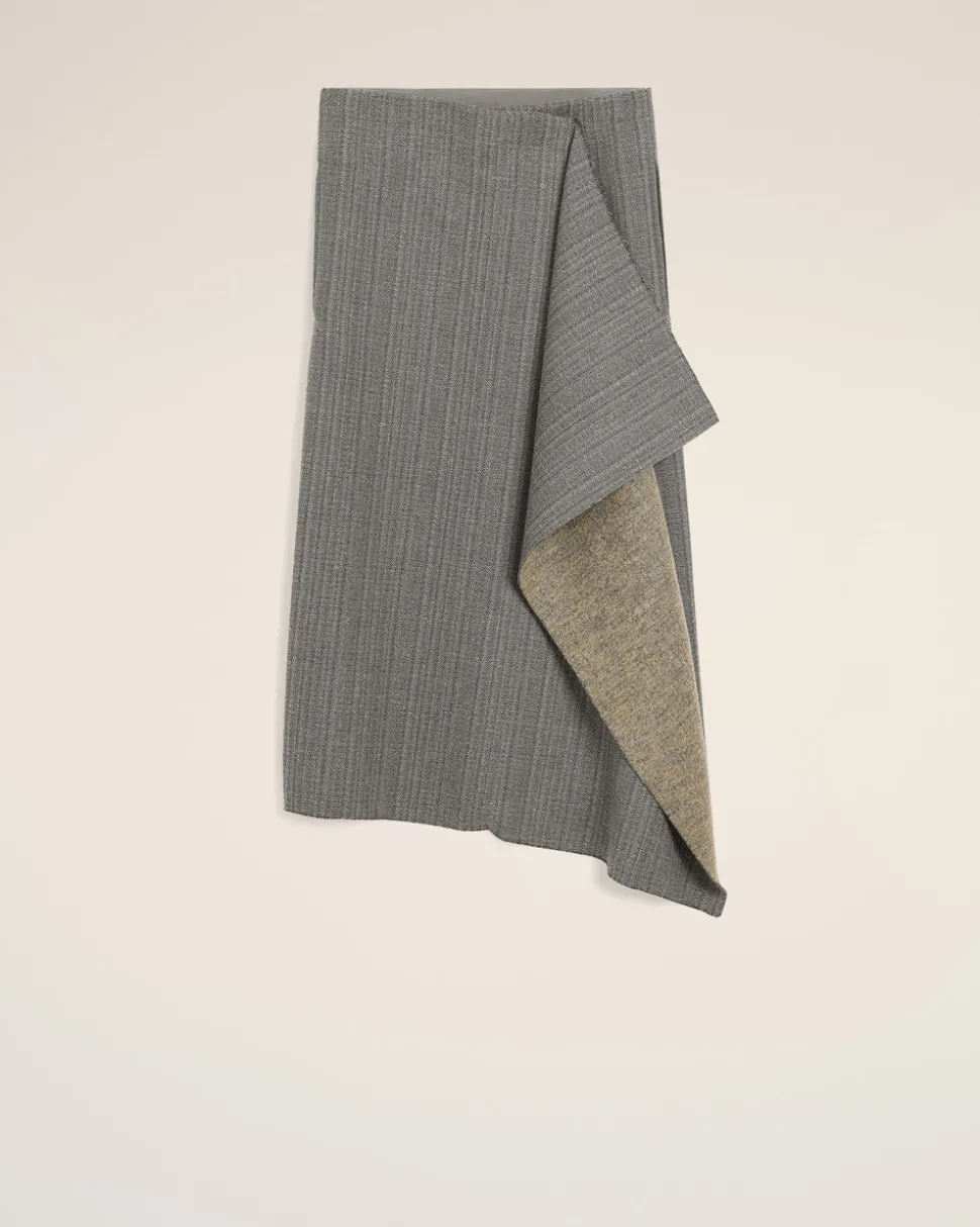 Jupe Portefeuille Grise Midi Chevronnée En Laine