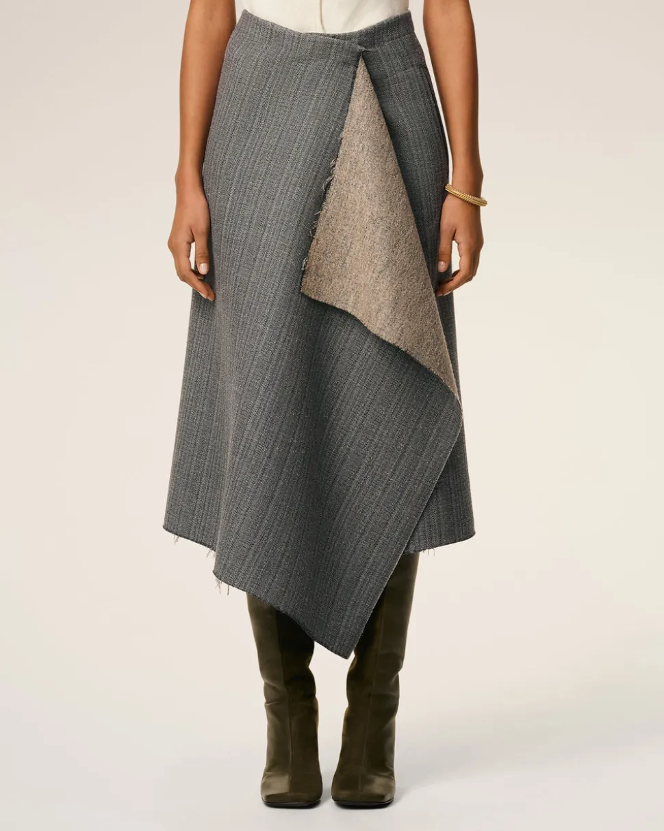 Jupe Portefeuille Grise Midi Chevronnée En Laine