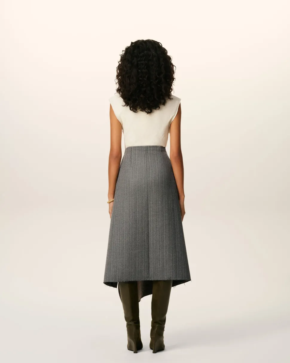 Jupe Portefeuille Grise Midi Chevronnée En Laine