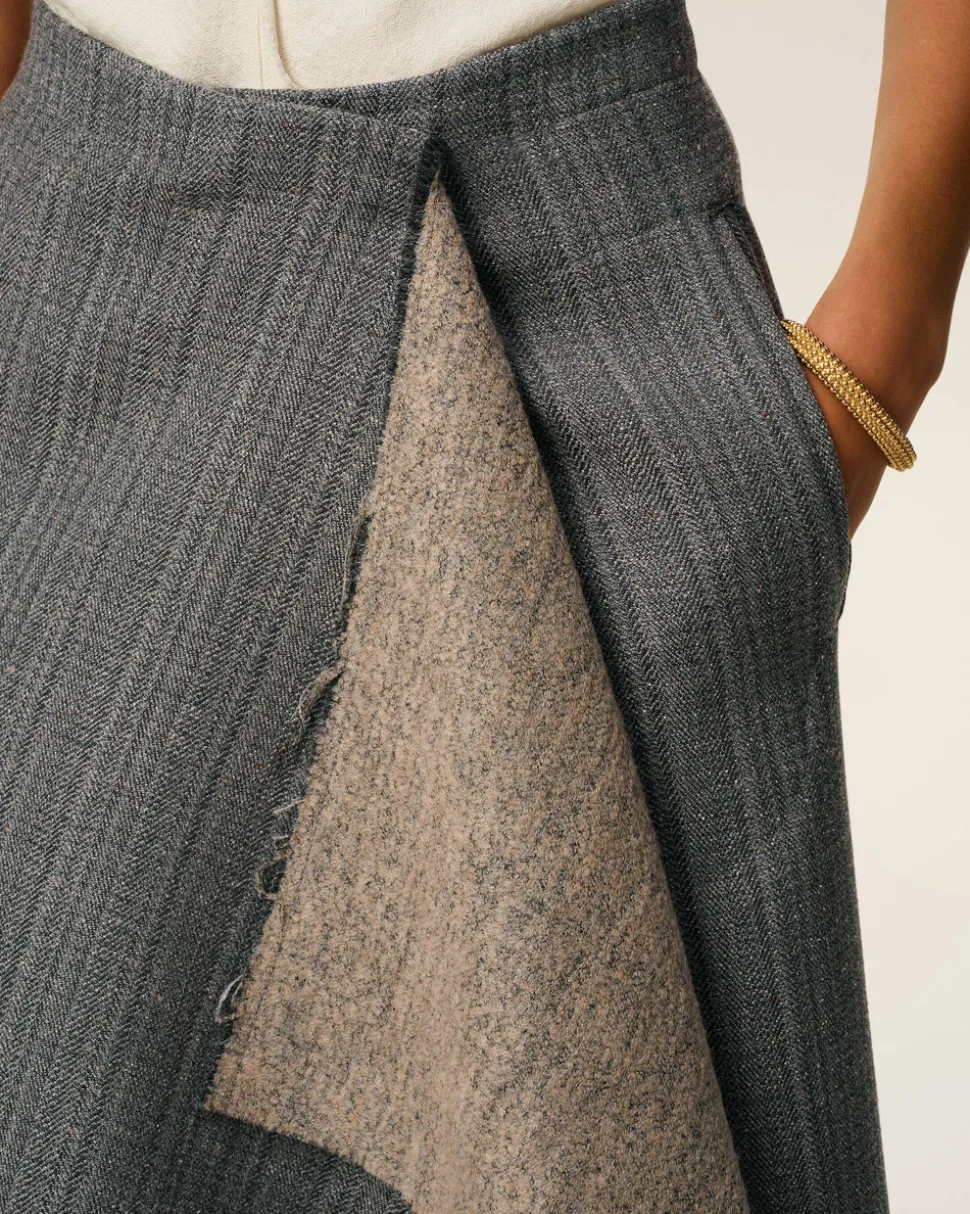 Jupe Portefeuille Grise Midi Chevronnée En Laine