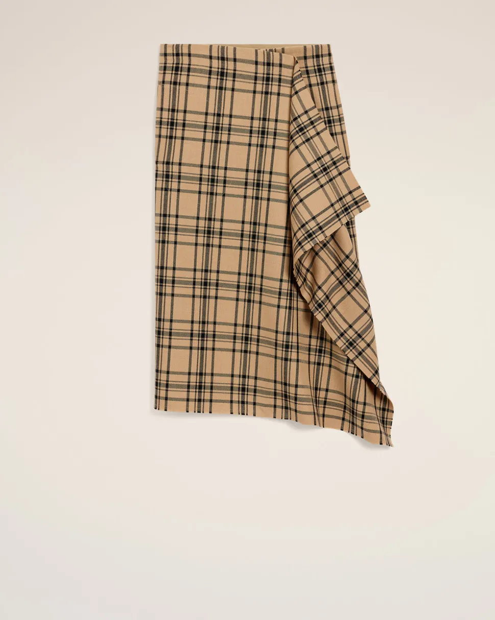 Jupe Portefeuille Marron Midi A Carreaux En Laine