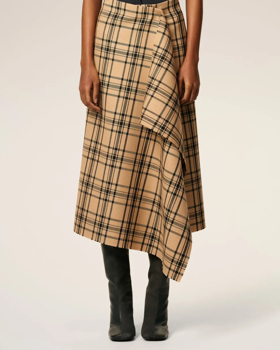 Jupe Portefeuille Marron Midi A Carreaux En Laine