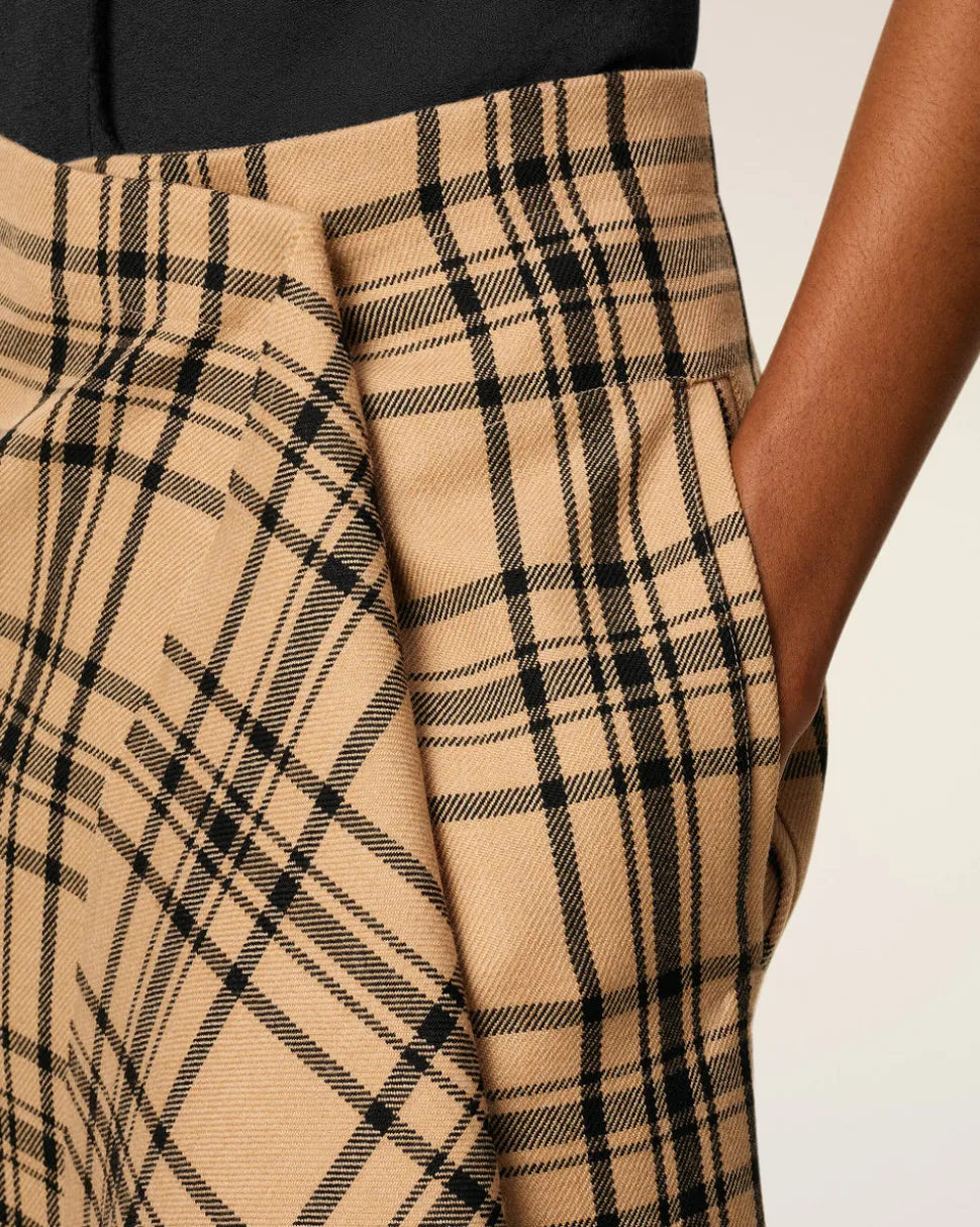 Jupe Portefeuille Marron Midi A Carreaux En Laine