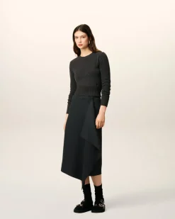 Jupe Portefeuille Noire Midi En Laine