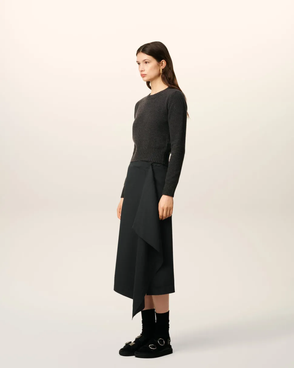 Jupe Portefeuille Noire Midi En Laine