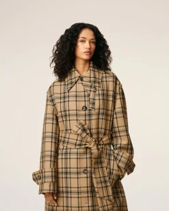 Mac Marron Ceinturé A Carreaux En Laine