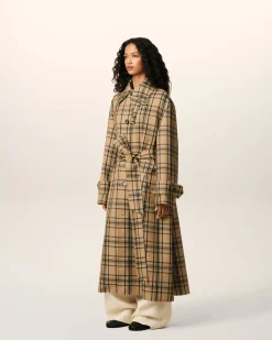 Mac Marron Ceinturé A Carreaux En Laine