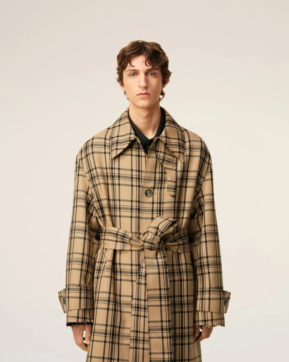 Mac Marron Ceinturé A Carreaux En Laine