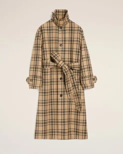 Mac Marron Ceinturé A Carreaux En Laine