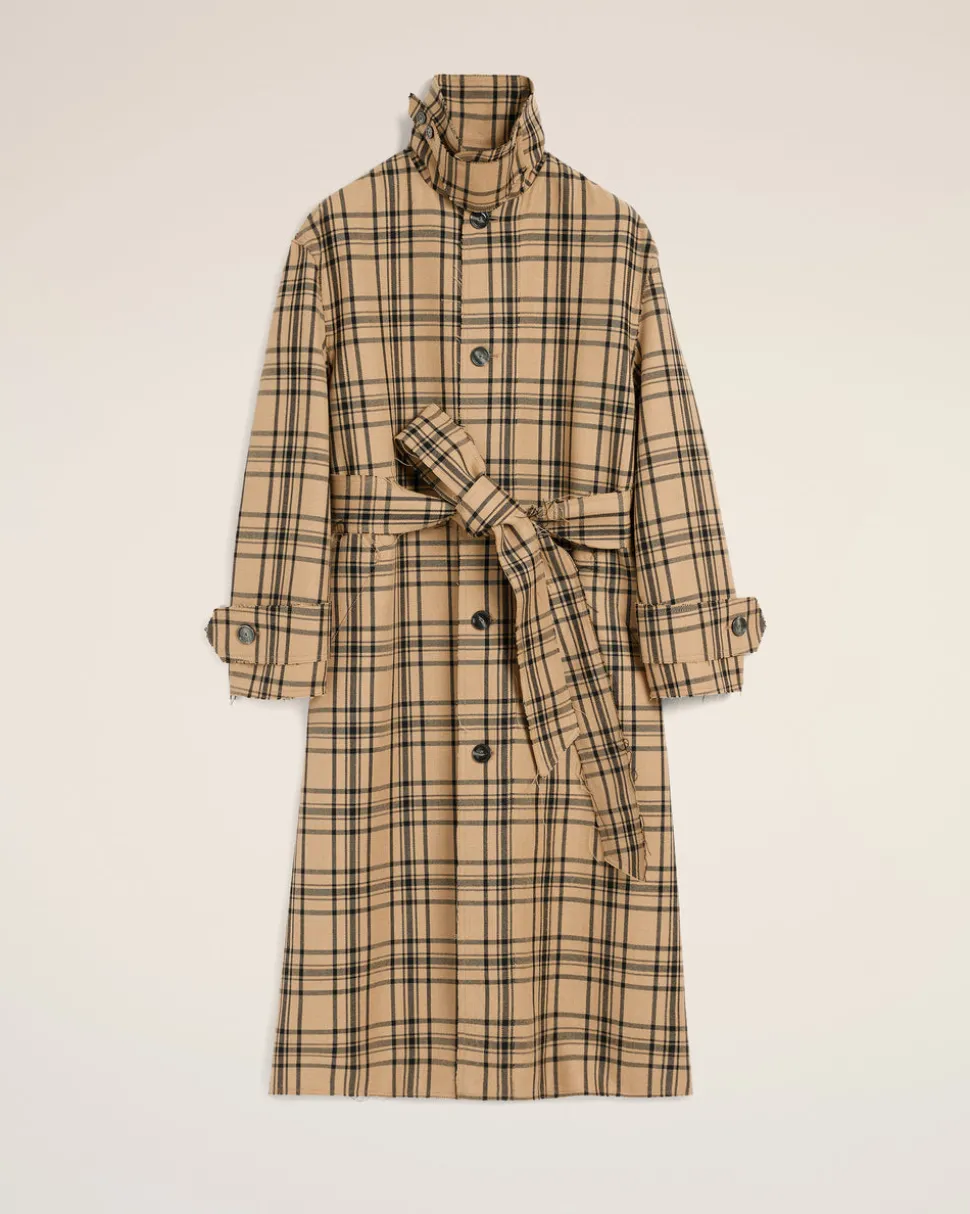 Mac Marron Ceinturé A Carreaux En Laine